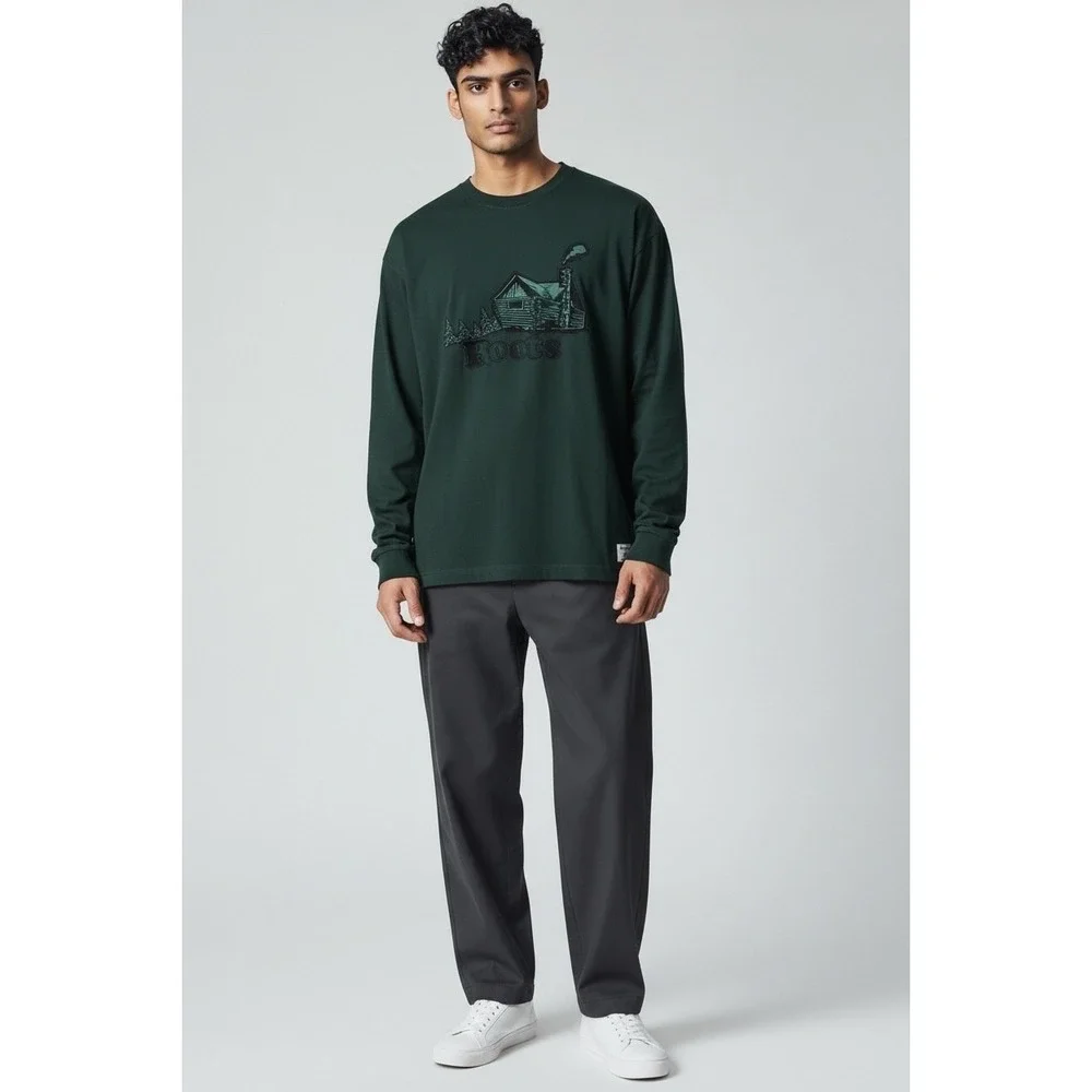 Roots Canada Men Forest Green Long Sleeve Cabin‎ Graphic T Shirt Size M